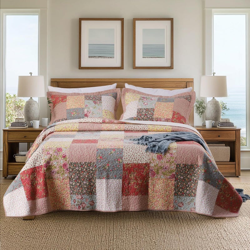 KASENTEX Authentic 100% Cotton Easy-Clean Luxurious Soft Royal Blue Floral â€“ Coastal Embroidery Patchwork Quilt Oversize Bedspread â€“ Machine Washable,Twin/Twin XL 68x90â€, Coastal Blue - Image 1